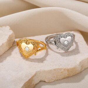 Engraved Crystal Heart Stainless Steel Ring