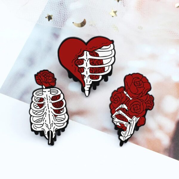 Enchanting Red Rose & Heart Skeleton Enamel Pin Brooch
