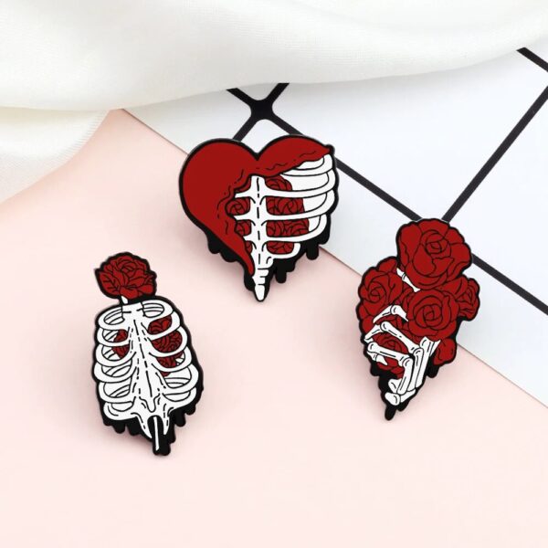 Enchanting Red Rose & Heart Skeleton Enamel Pin Brooch