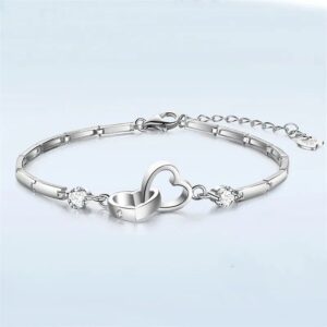 Sterling Silver Heart Charm Bracelet with Cubic Zirconia