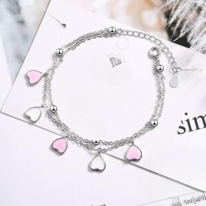 Sterling Silver Cherry Blossom Heart Charm Bracelet
