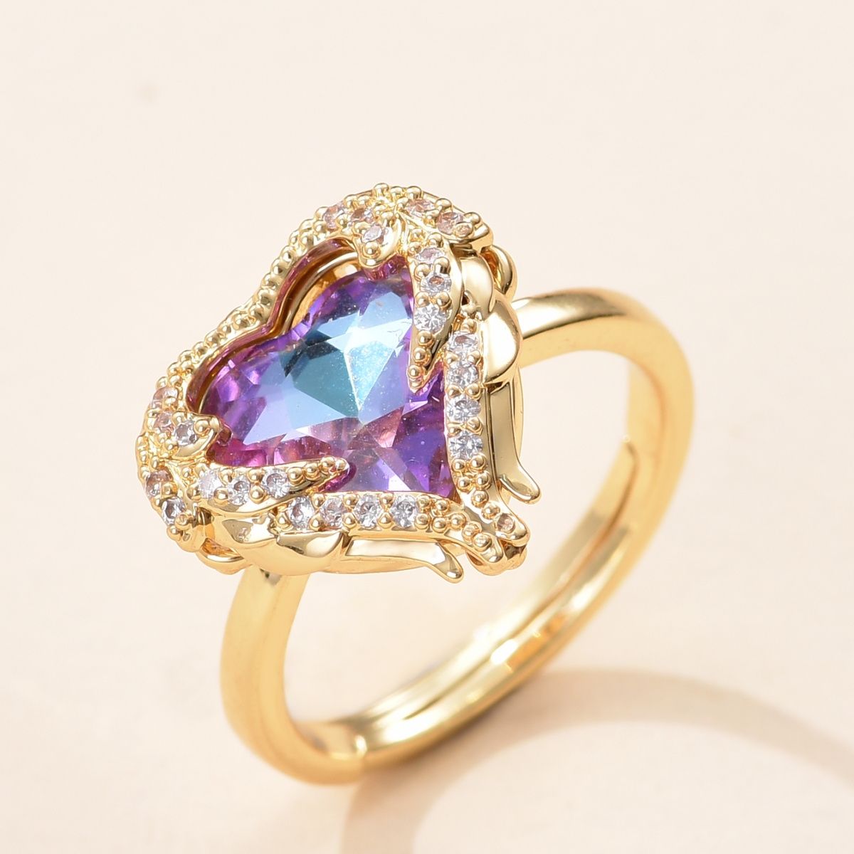 1pc Elegant Ring, Gradient Color Heart-shaped Crystal Zircon Ring, Ladies Decoration ,Gold Open Ring, Valentine's Day Mother's Day Gift ,Party Jewelry