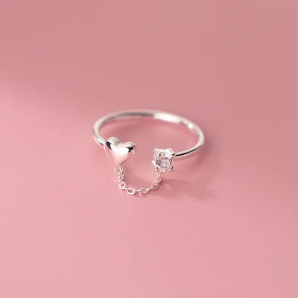 Sterling Silver Zircon Heart Chain Ring - Image 2