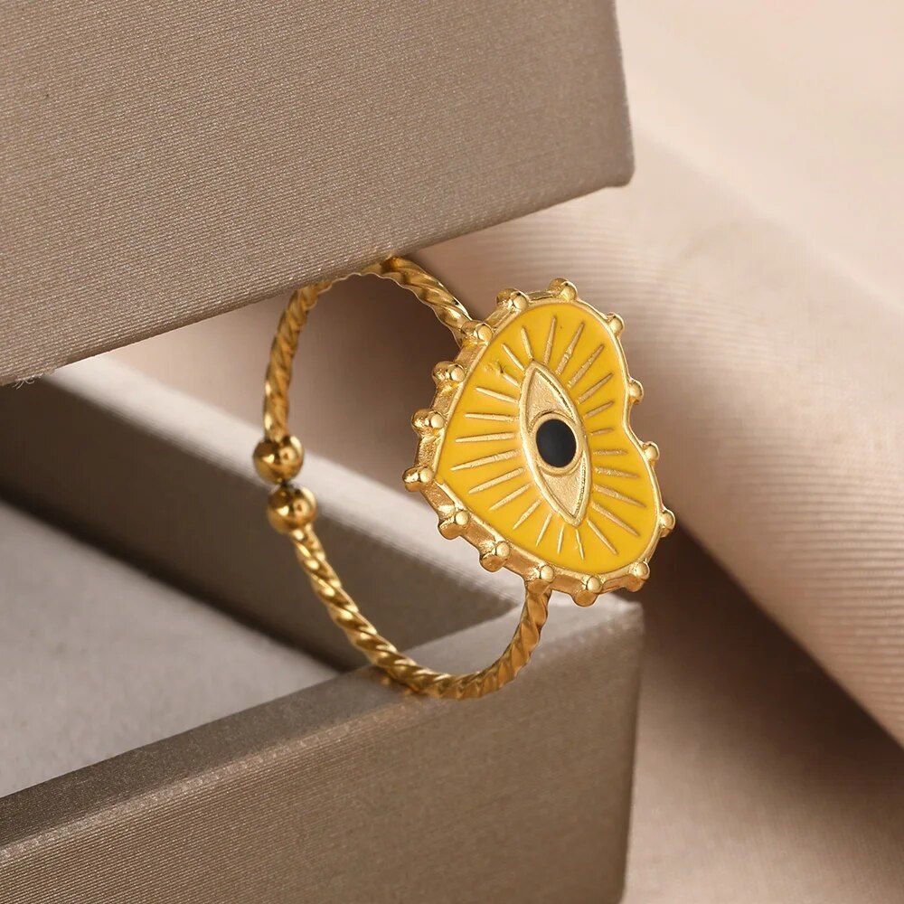 Gold Color Adjustable Turkish Evil Eye Heart Ring