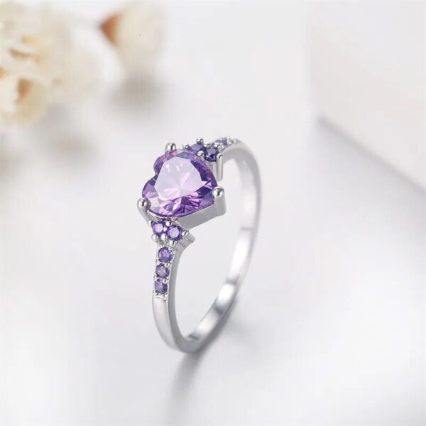Heart-Shaped Amethyst Zircon Crystal Ring in Tibetan Silver for Women