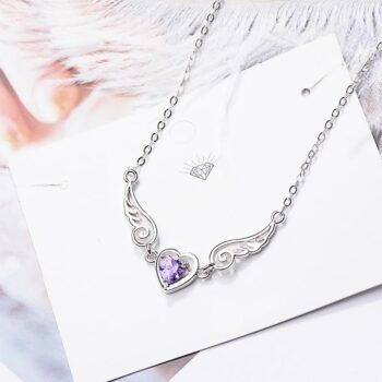 Sterling Silver Angel Wing Pendant Necklace with Purple Zircon