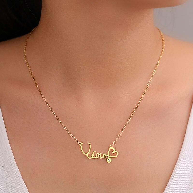 Stainless Steel Necklaces New Design Stethoscope Love Crystal Zircon Pendant High-end Sense Chain Necklace For Women Jewelry