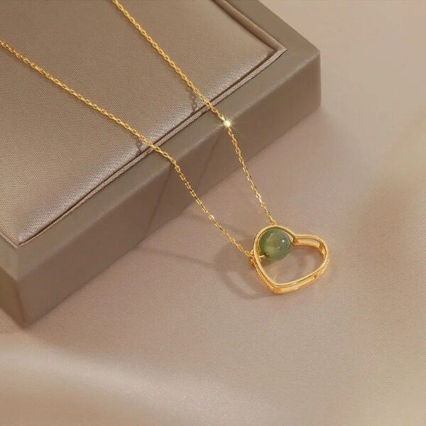 Gold Color Heart Pendant Necklace with Hetian Jade