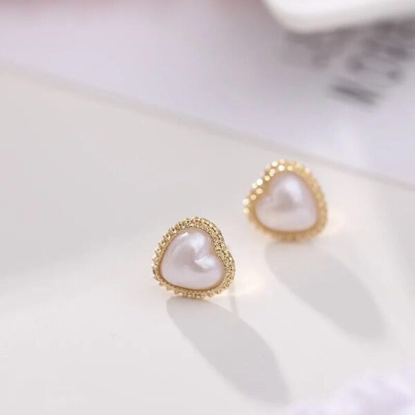 Golden Heart Pearl Stud Earrings