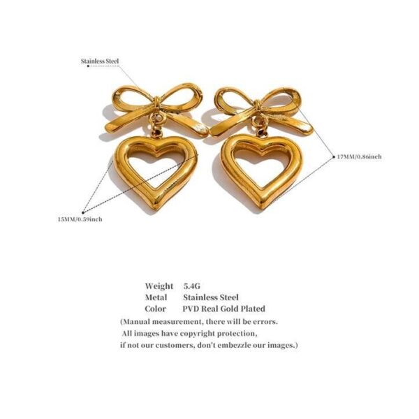 New Stainless Steel Bow Tie Heart Love Hollow Drop Earrings - Image 6