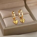 Vintage Gold Stainless Steel Heart Drop Earrings