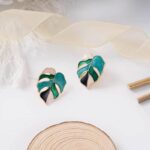 Trendy Green Geometric Stud Earrings with White Trapezoidal Pendant for Women