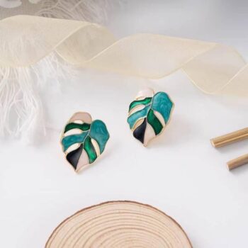 Trendy Green Geometric Stud Earrings with White Trapezoidal Pendant for Women