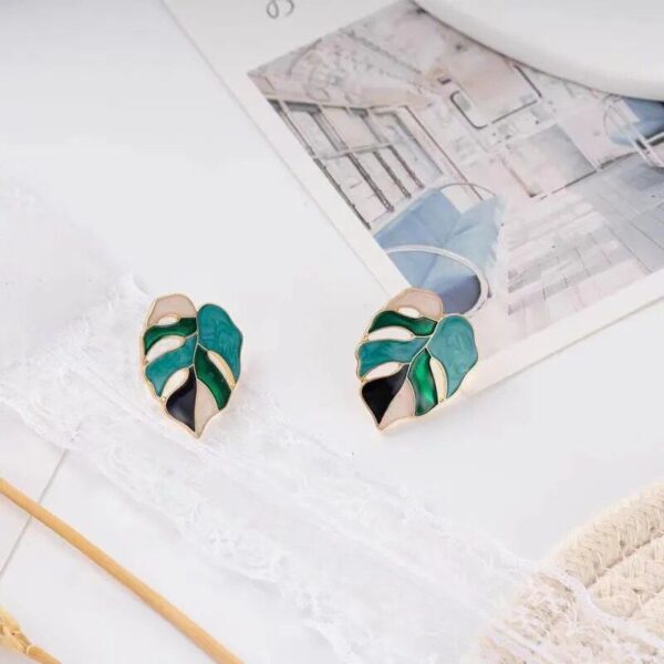 Trendy Green Geometric Stud Earrings with White Trapezoidal Pendant for Women