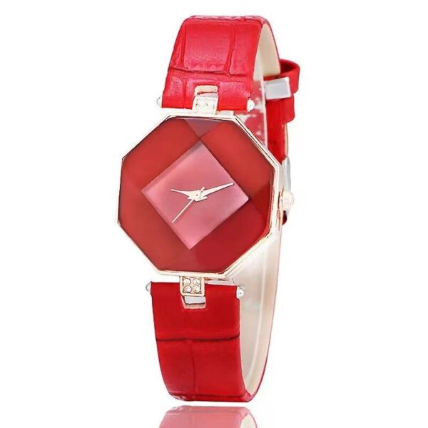 Elegant Gem Cut Geometry Crystal Leather Quartz Women's Watch - Image 3