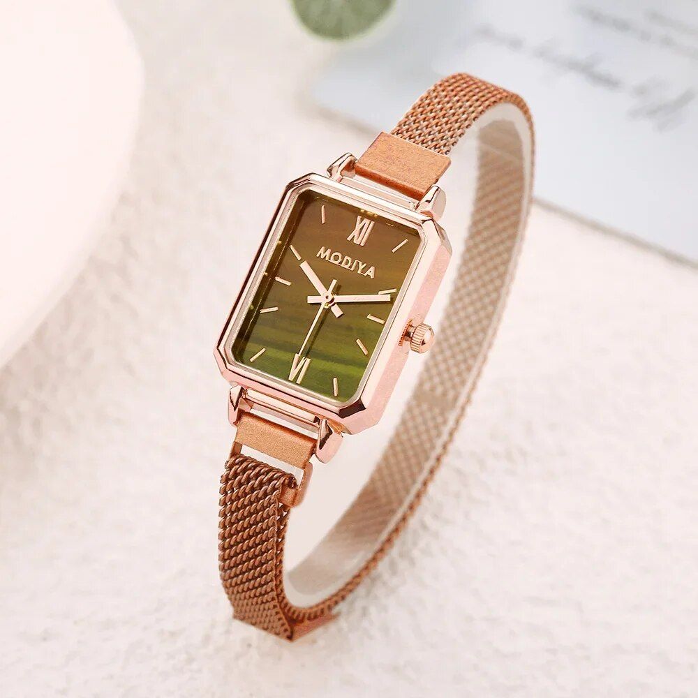 Elegant Square Dial Quartz Women’s Watch with Magnetic Rose Gold Mesh Strap