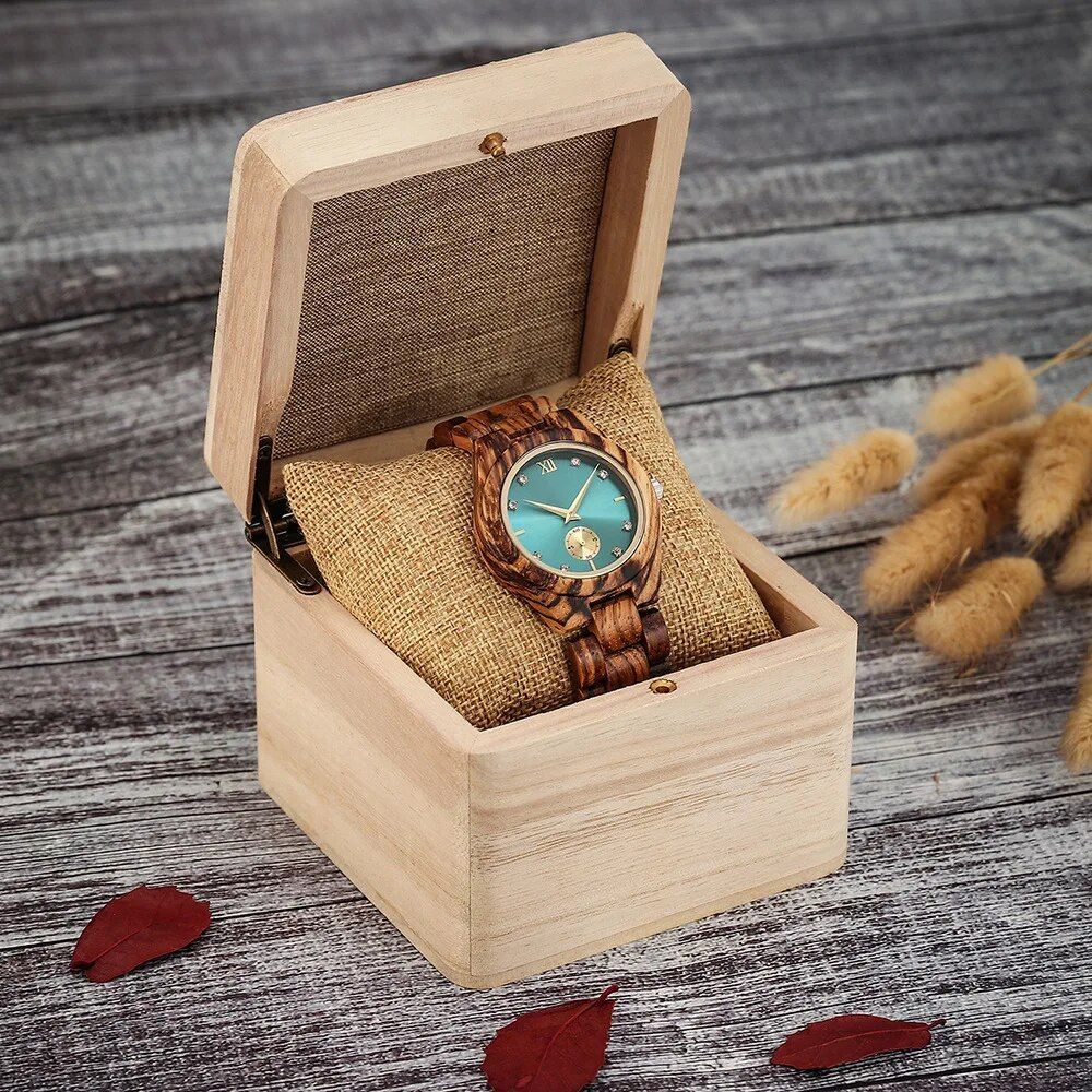 Chic Simulated Diamond Dial Personalized Wooden Wrist Watch for Women