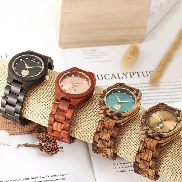 Chic Simulated Diamond Dial Personalized Wooden Wrist Watch for Women