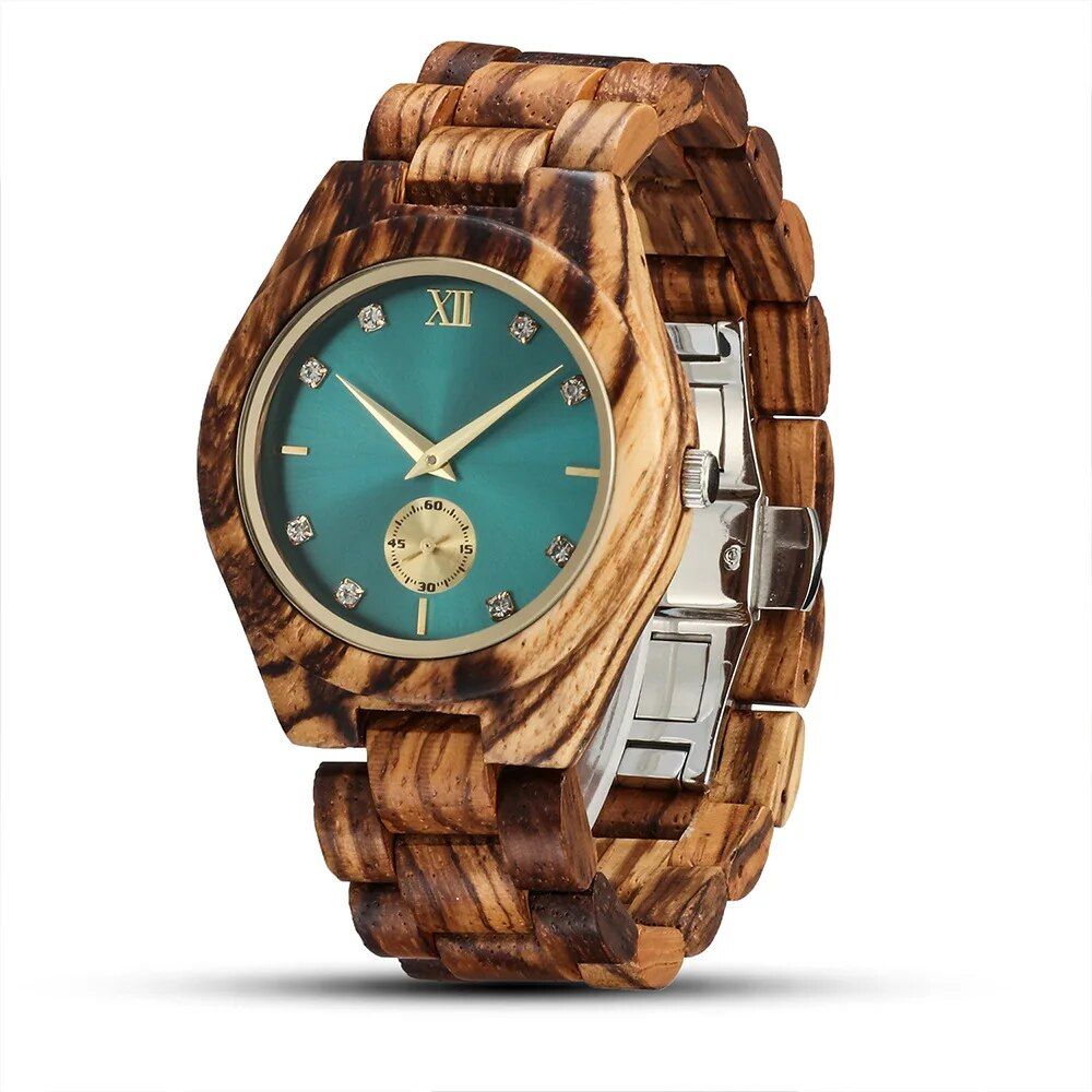 Chic Simulated Diamond Dial Personalized Wooden Wrist Watch for Women