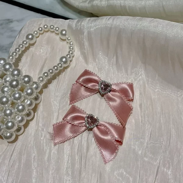 Elegant Pink Bow Hairpins with Zircon Heart