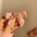 Elegant Pink Bow Hairpins with Zircon Heart