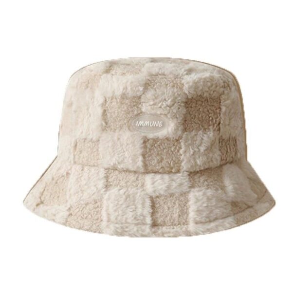 Chic Winter Warm Plaid Lamb Wool Bucket Hat for Women