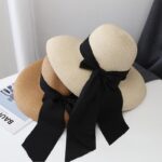 Chic Vintage Hepburn-Inspired Black Bow Straw Sun Hat