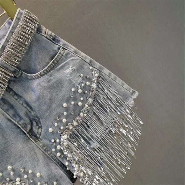 Elegant Tassel Bead High-Waist Denim Shorts for Women