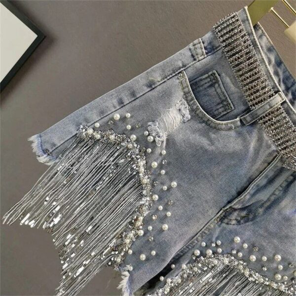 Elegant Tassel Bead High-Waist Denim Shorts for Women