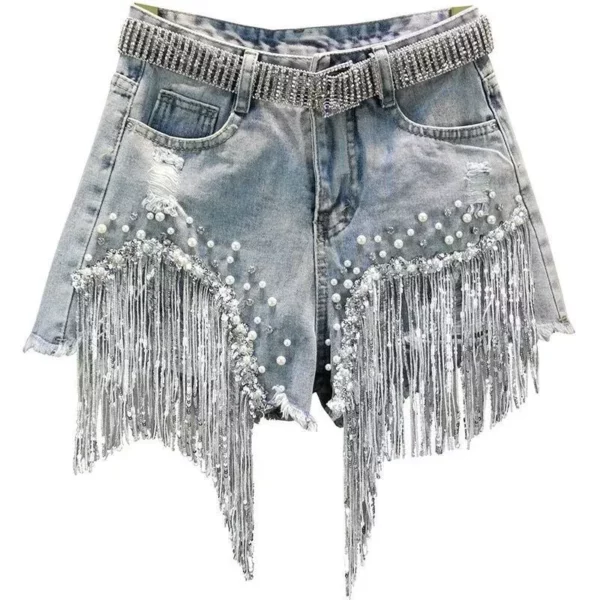 Elegant Tassel Bead High-Waist Denim Shorts for Women