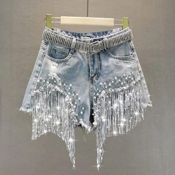 Elegant Tassel Bead High-Waist Denim Shorts for Women