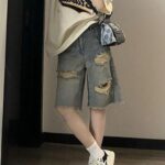 High-Waist Vintage Denim Cargo Shorts - Y2K Harajuku Knee-Length