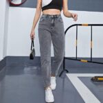 Chic Gray High-Waist Straight Leg Jeans - Women's Casual Vintage Full-Length Denim