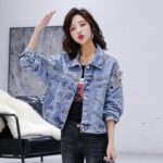 Chic Embroidered Denim Biker Jacket - Women's Casual Autumn Cardigan