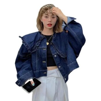 Chic Doll Collar Denim Jacket – French Design Long Sleeve Jean Top for Women