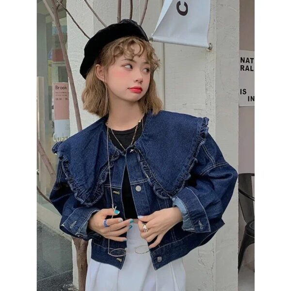 Chic Doll Collar Denim Jacket - French Design Long Sleeve Jean Top for Women - Image 5