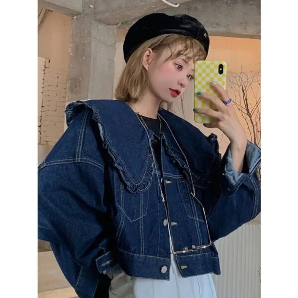 Chic Doll Collar Denim Jacket - French Design Long Sleeve Jean Top for Women - Image 2