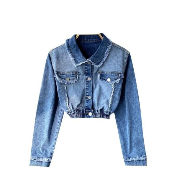 2023 Gradient Denim Polo Collar Jacket – Chic High-Waist Streetwear