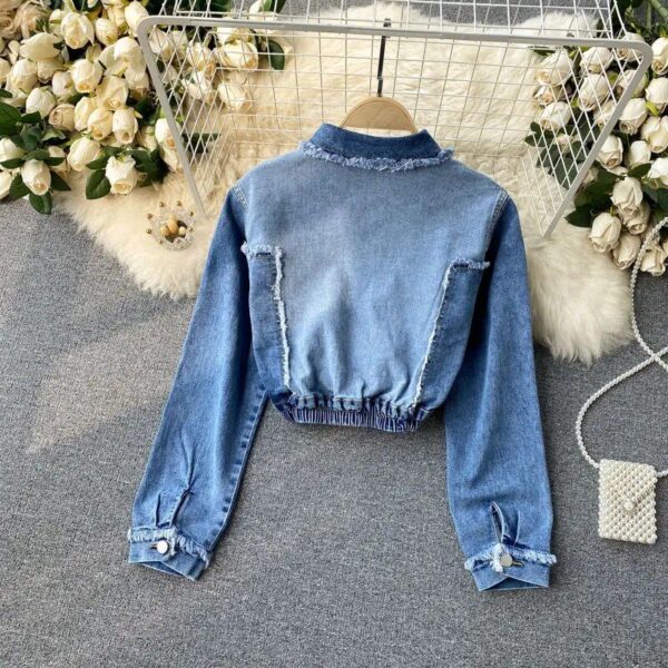 2023 Gradient Denim Polo Collar Jacket – Chic High-Waist Streetwear