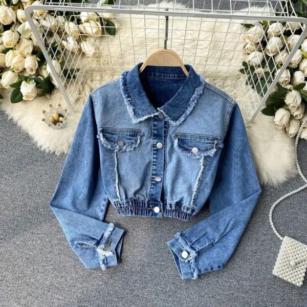 2023 Gradient Denim Polo Collar Jacket – Chic High-Waist Streetwear