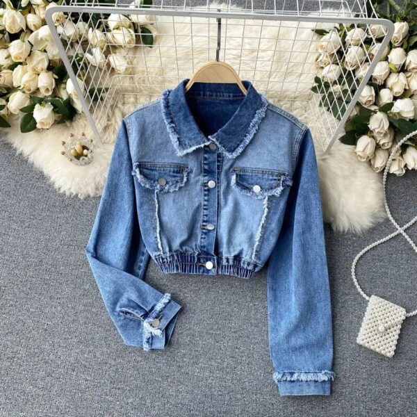 2023 Gradient Denim Polo Collar Jacket - Chic High-Waist Streetwear - Image 3