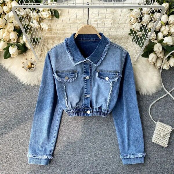 2023 Gradient Denim Polo Collar Jacket – Chic High-Waist Streetwear