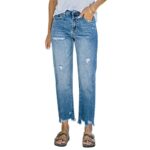 High Waist Distressed Straight-Leg Jeans - Women's Casual Denim