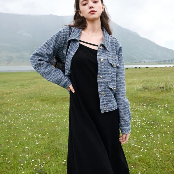 Luxury Textured Denim Jacket – Women’s Retro Polo Collar Fashion Coat
