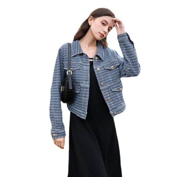 Luxury Textured Denim Jacket – Women’s Retro Polo Collar Fashion Coat