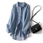 Women's Oversized Denim Polo Shirt - Classic Loose Fit with Pockets