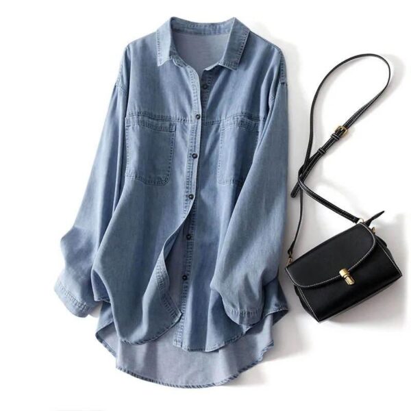 Women’s Oversized Denim Polo Shirt – Classic Loose Fit with Pockets