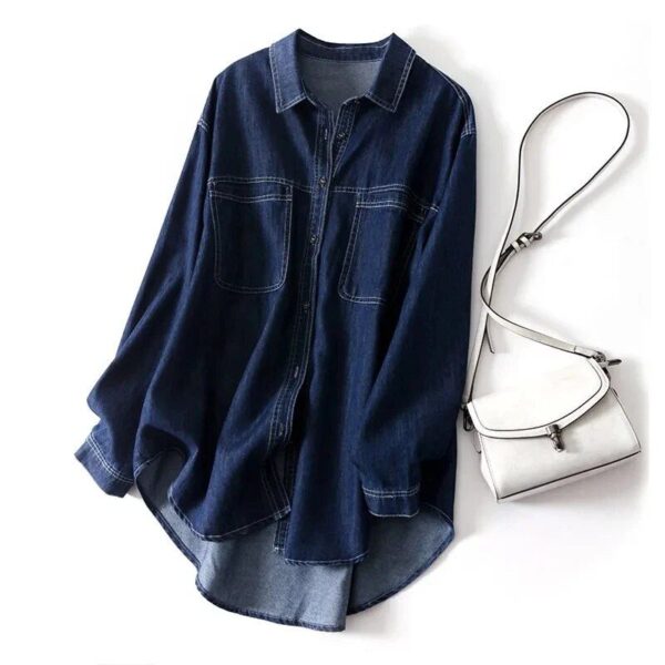 Women’s Oversized Denim Polo Shirt – Classic Loose Fit with Pockets