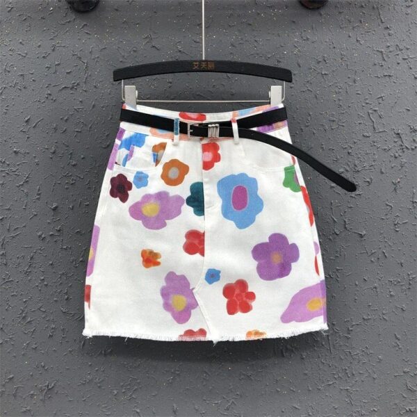 Floral Print High Waist Denim Skirt - Slim A-line Mini for Women - Image 3