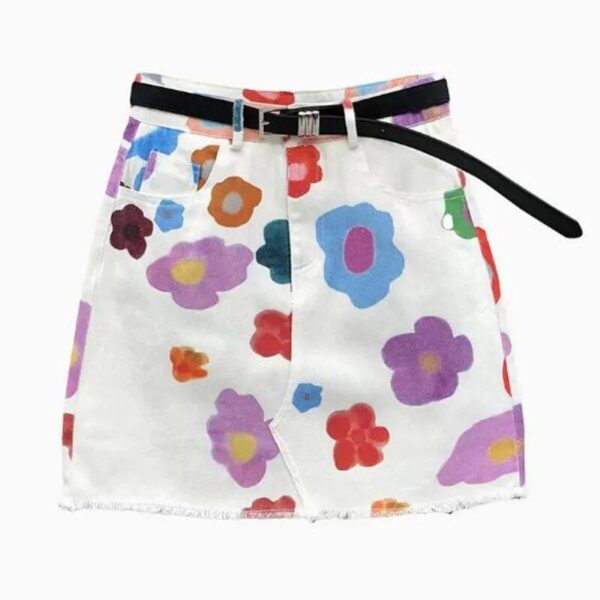 Floral Print High Waist Denim Skirt - Slim A-line Mini for Women - Image 2